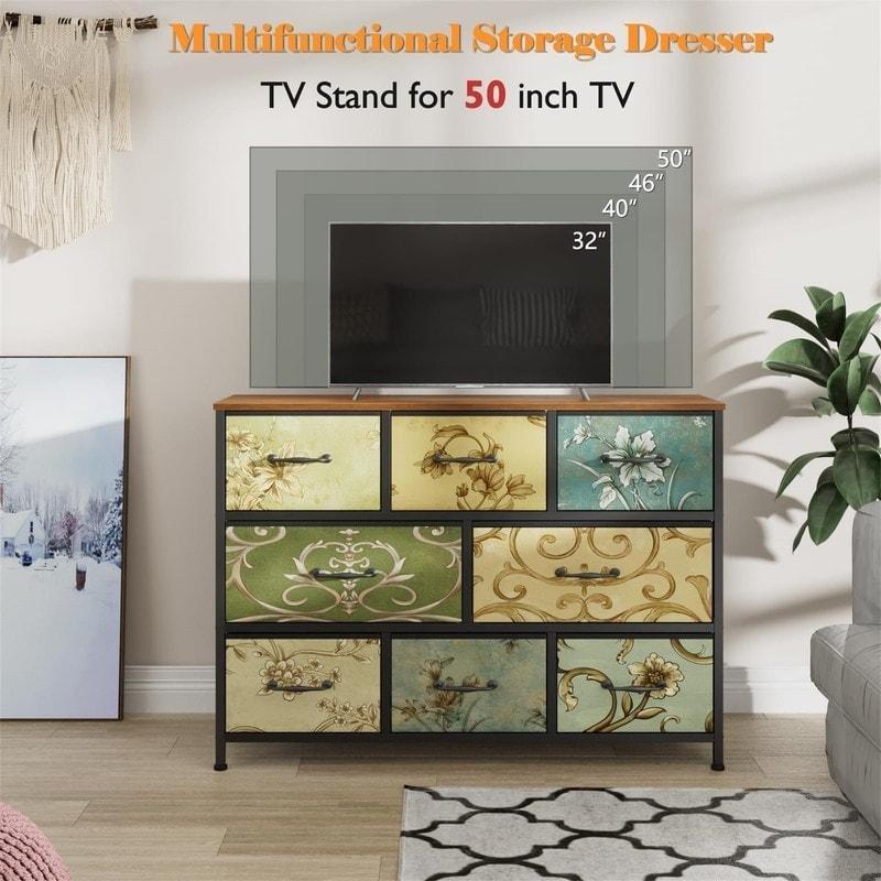 Kahverengi MDF Çiçek Desenli 8 Çekmeceli Metal Çerçeveli Bohem Şifonyer - 101x81x30 cm - 299615