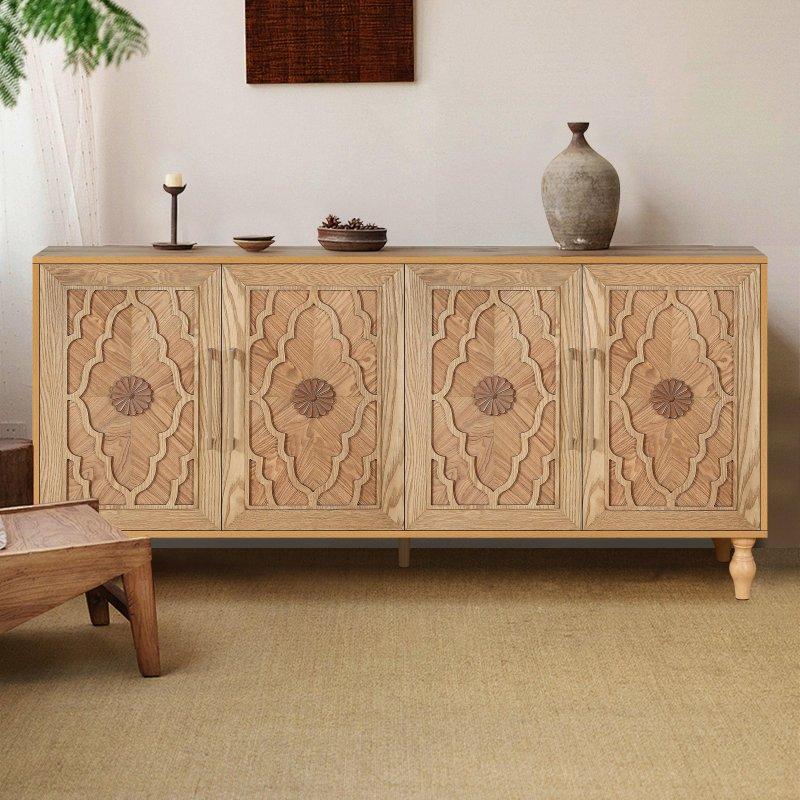 Kahverengi MDF Çiçek Oymalı Metal Kulplu Bohem Konsol - 325132