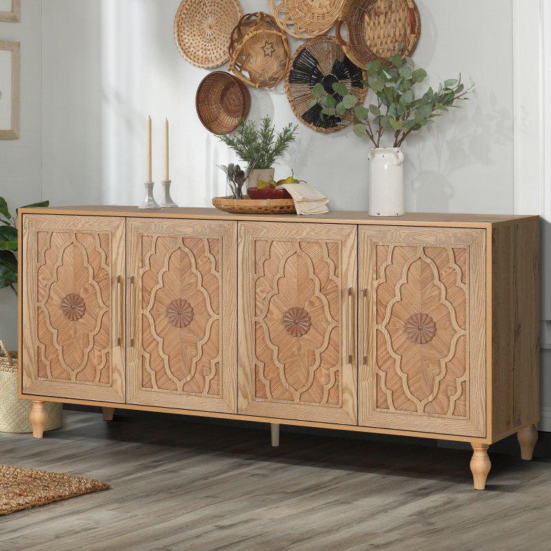 Kahverengi MDF Çiçek Oymalı Metal Kulplu Bohem Konsol - 325132