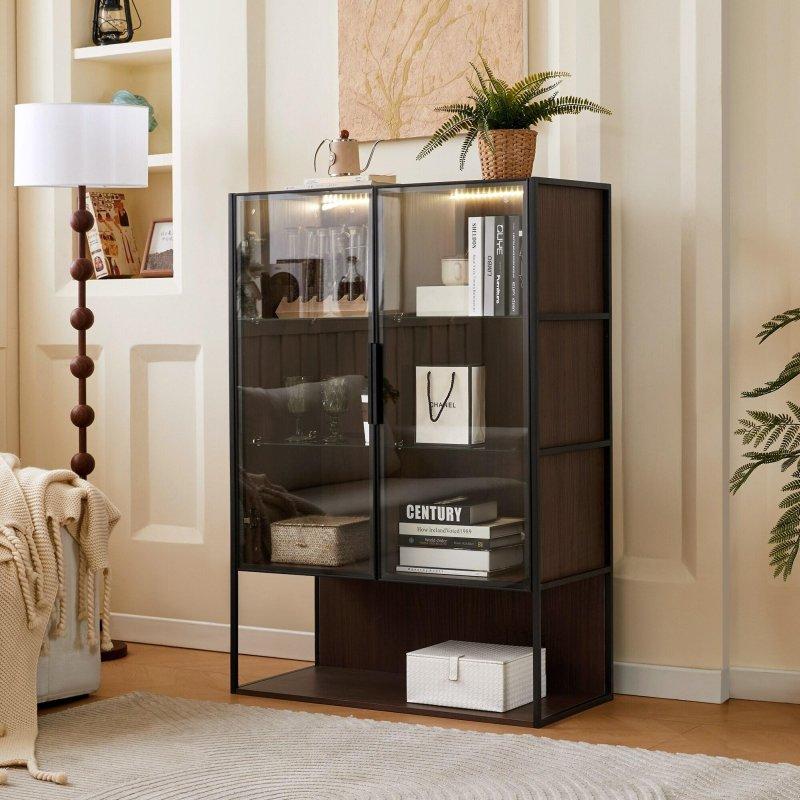 Kahverengi MDF Dahili Aydınlatmalı Cam Kapaklı Kitaplık - 91x41x131 cm - 320239