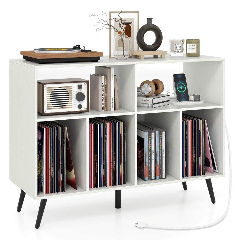 Kahverengi MDF Dahili Prizli ve USB Şarjlı Plak Bölmeli Kitaplık - 102x41x77 cm - 319120