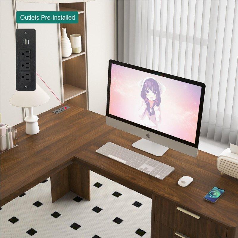 Kahverengi MDF Dahili Prizli Yivli Çekmeceli ve Raflı L Tipi Ofis Masası - 152x152x76 cm - 327330