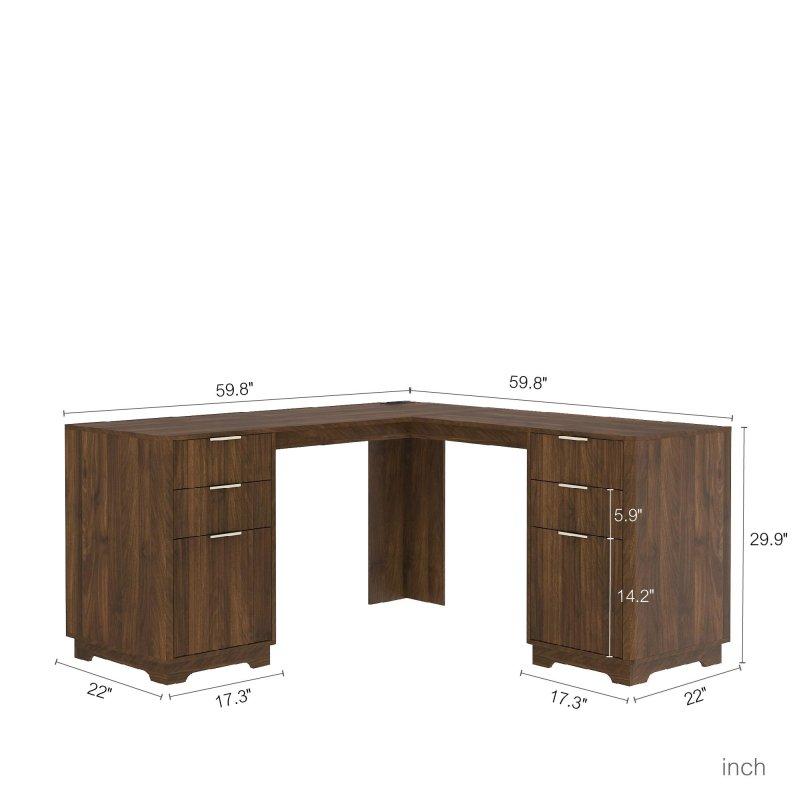 Kahverengi MDF Dahili Prizli Yivli Çekmeceli ve Raflı L Tipi Ofis Masası - 152x152x76 cm - 327330