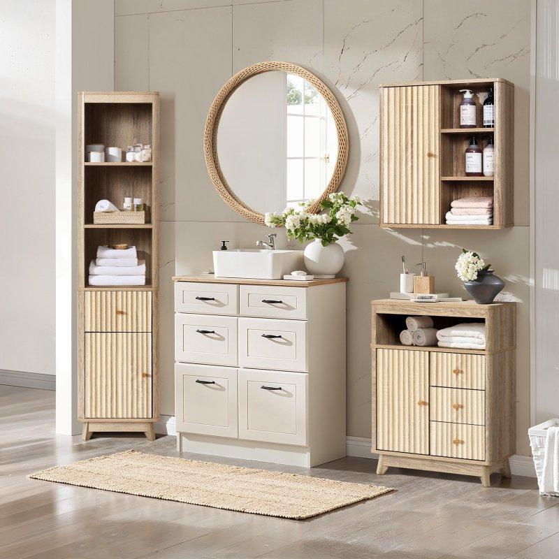 Kahverengi MDF Dalga Desenli 3 Çekmeceli 1 Kapaklı Çok Amaçlı Banyo Dolabı - 60x30x81 cm - 333469