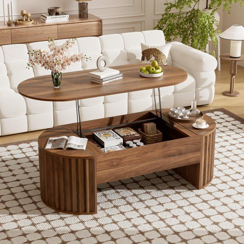 Kahverengi MDF Dalgalı Oluklu Kalkar Kapaklı Gizli Bölmeli Akıllı Sehpa - 120 cm - 254681