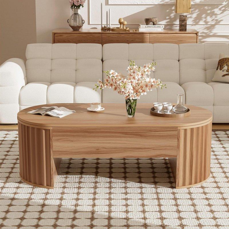 Kahverengi MDF Dikey Yivli Asansörlü Akıllı Sehpa - 120x60 cm - 253832