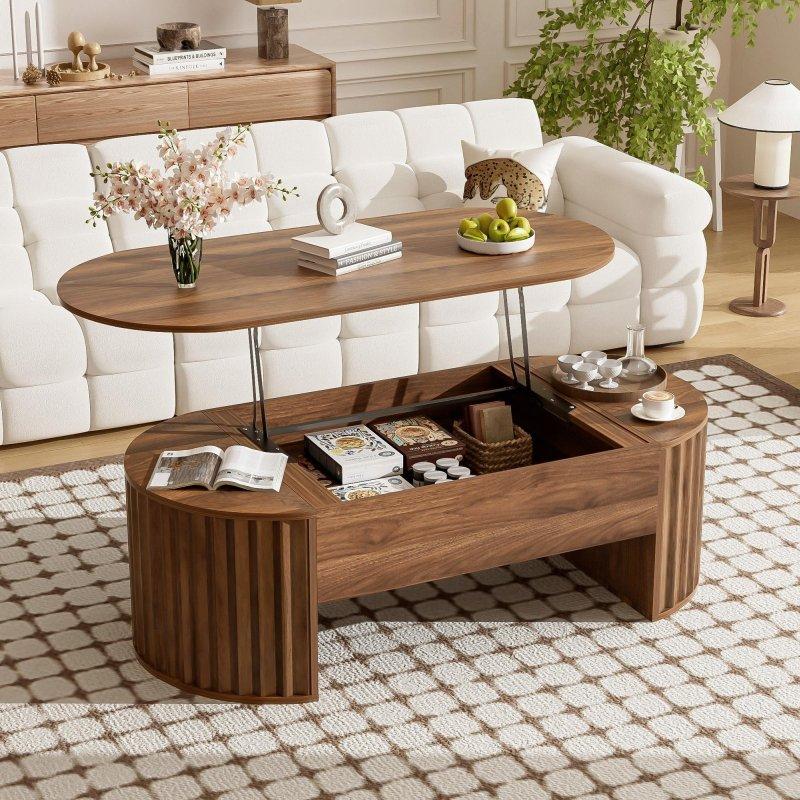 Kahverengi MDF Dikey Yivli Asansörlü Akıllı Sehpa - 120x60 cm - 253832