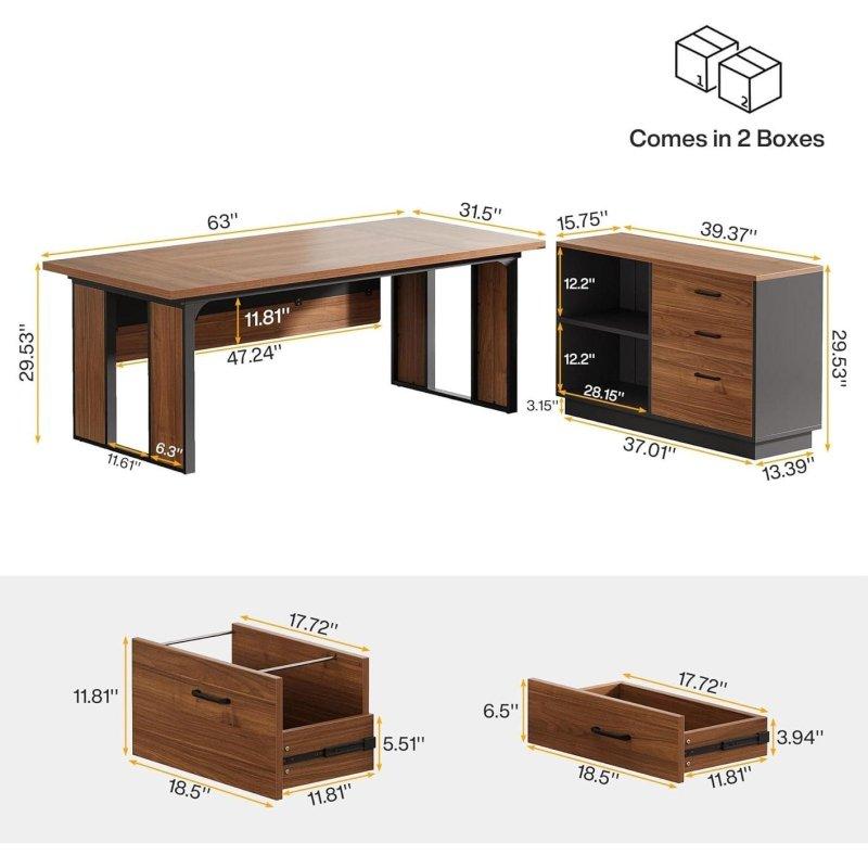 Kahverengi MDF Dolaplı ve Çekmeceli L Tipi Metal Ofis Masası - 161 cm - 327264
