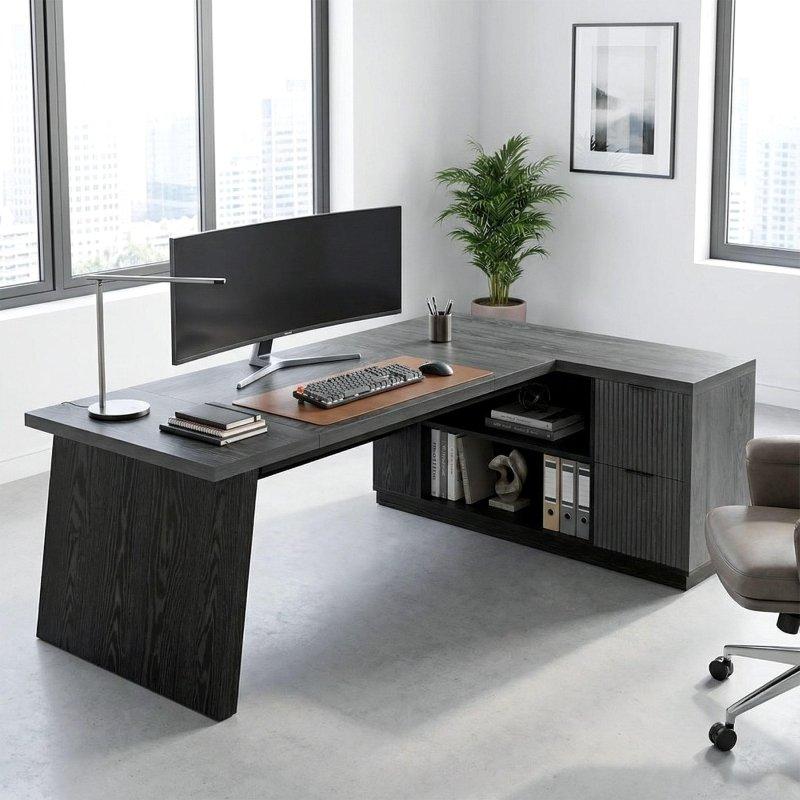 Kahverengi MDF Dosya Dolaplı ve Raflı L Tipi Ofis Masası - 199x140 cm - 326189