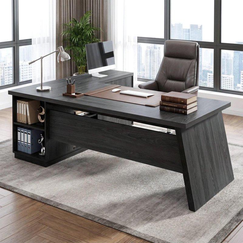 Kahverengi MDF Dosya Dolaplı ve Raflı L Tipi Ofis Masası - 199x140 cm - 326189
