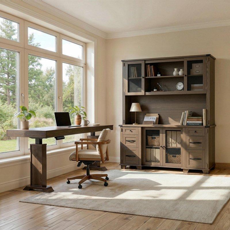 Kahverengi MDF Elektrikli Yüksekliği Ayarlanabilir Depolama Üniteli Ofis Masası Seti - 161 cm - 326045