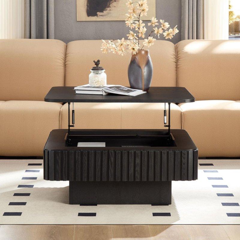 Kahverengi MDF Gizli Depolamalı ve Açılır Tablalı Kare Akıllı Sehpa - 90x90 cm - 253654