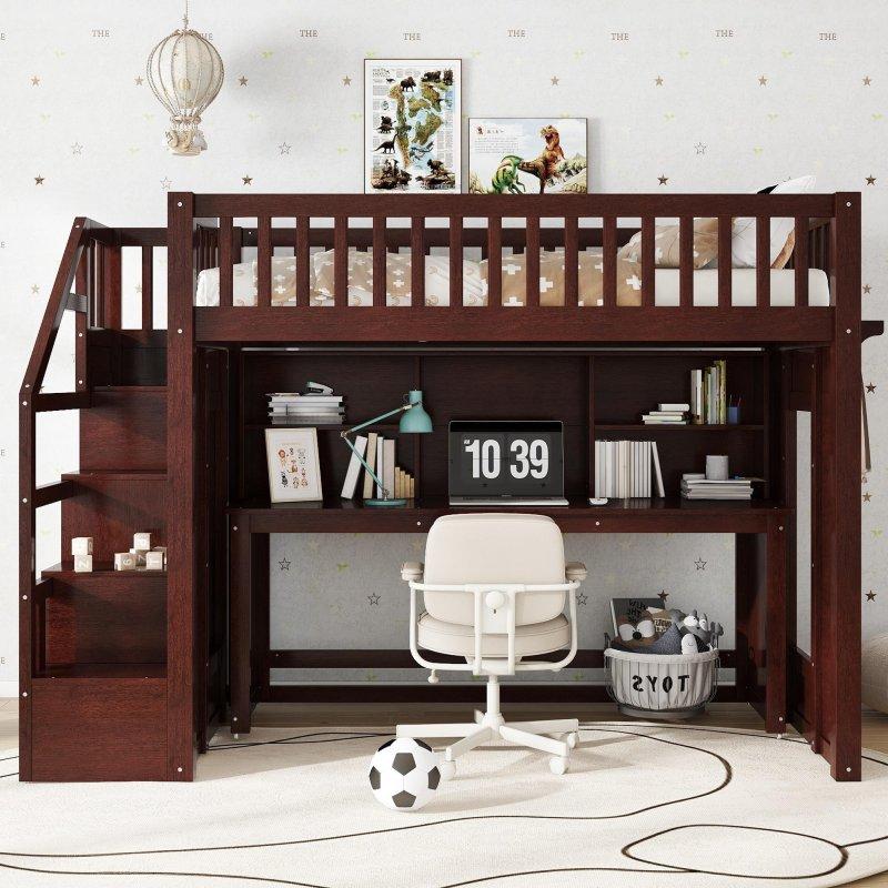 Kahverengi MDF Hareketli Çalışma Masalı ve Depolamalı Merdivenli Ranza - 249510