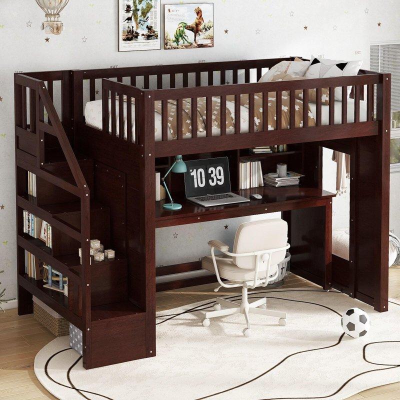 Kahverengi MDF Hareketli Çalışma Masalı ve Depolamalı Merdivenli Ranza - 249510