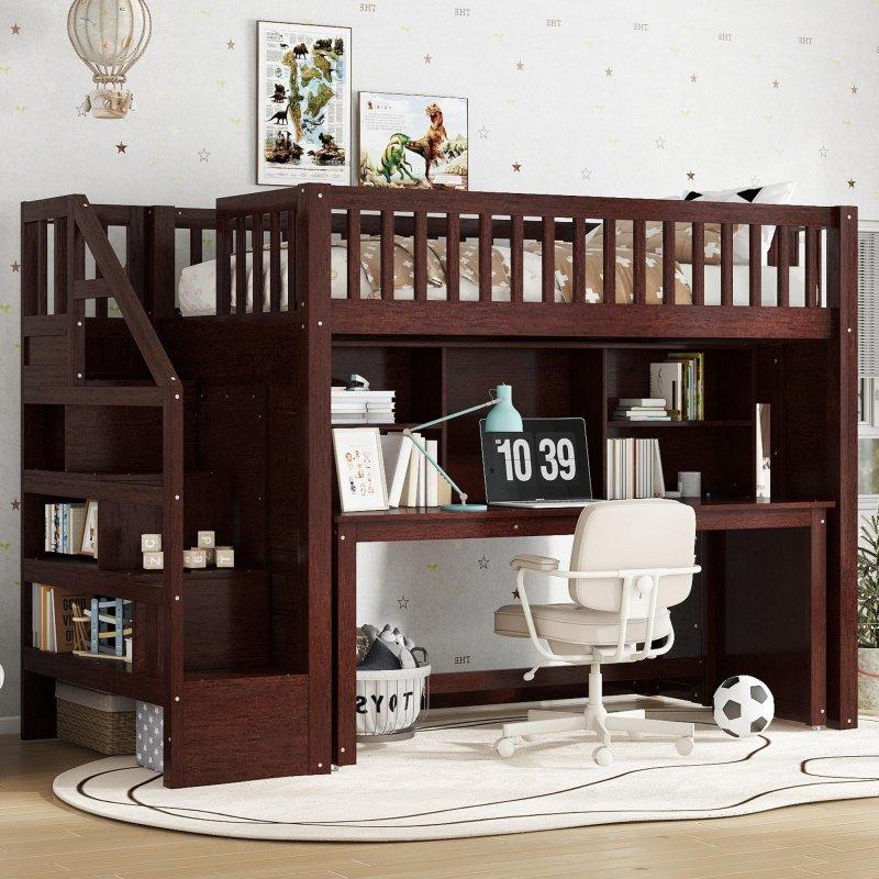 Kahverengi MDF Hareketli Çalışma Masalı ve Depolamalı Merdivenli Ranza - 249510