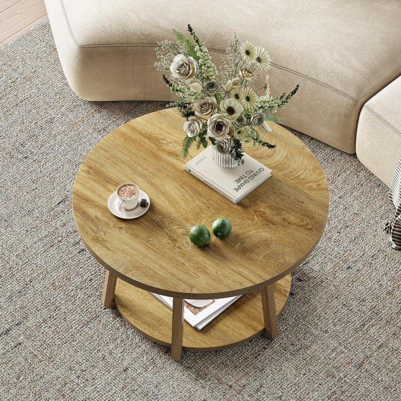 Kahverengi MDF İki Katlı Depolama Raflı Yuvarlak Orta Sehpa - 80x50 cm - 242669