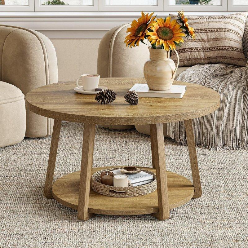 Kahverengi MDF İki Katlı Depolama Raflı Yuvarlak Orta Sehpa - 80x50 cm - 242669