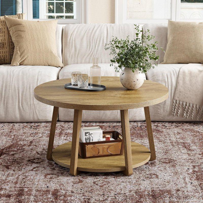 Kahverengi MDF İki Katlı Depolama Raflı Yuvarlak Orta Sehpa - 80x50 cm - 242669