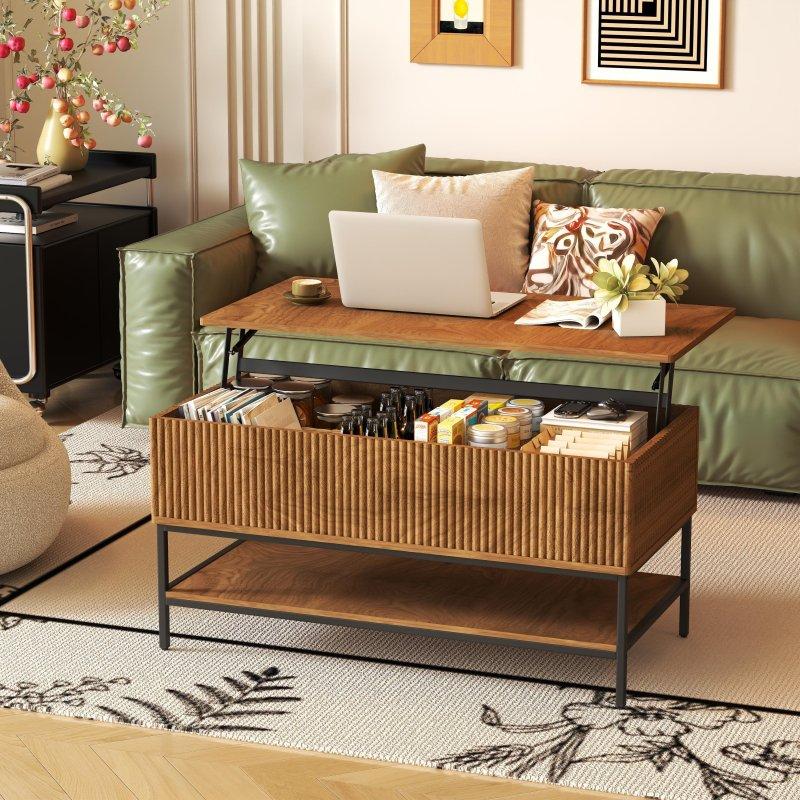 Kahverengi MDF Kaldırma Mekanizmalı Saklama Alanlı Çelik Ayaklı Akıllı Sehpa - 100x50 cm - 253828