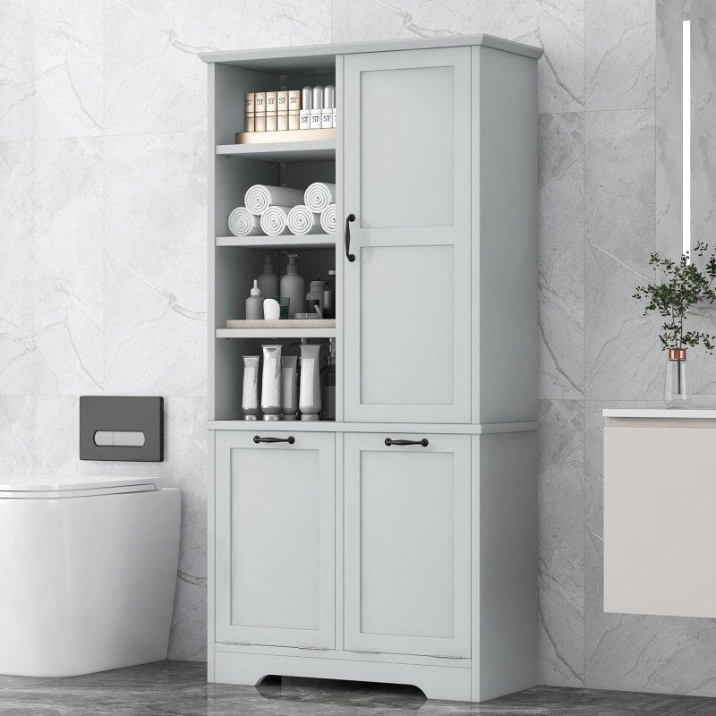 Kahverengi MDF Kirli Sepetli ve Ayarlanabilir Raflı Çok Amaçlı Banyo Dolabı - 333415
