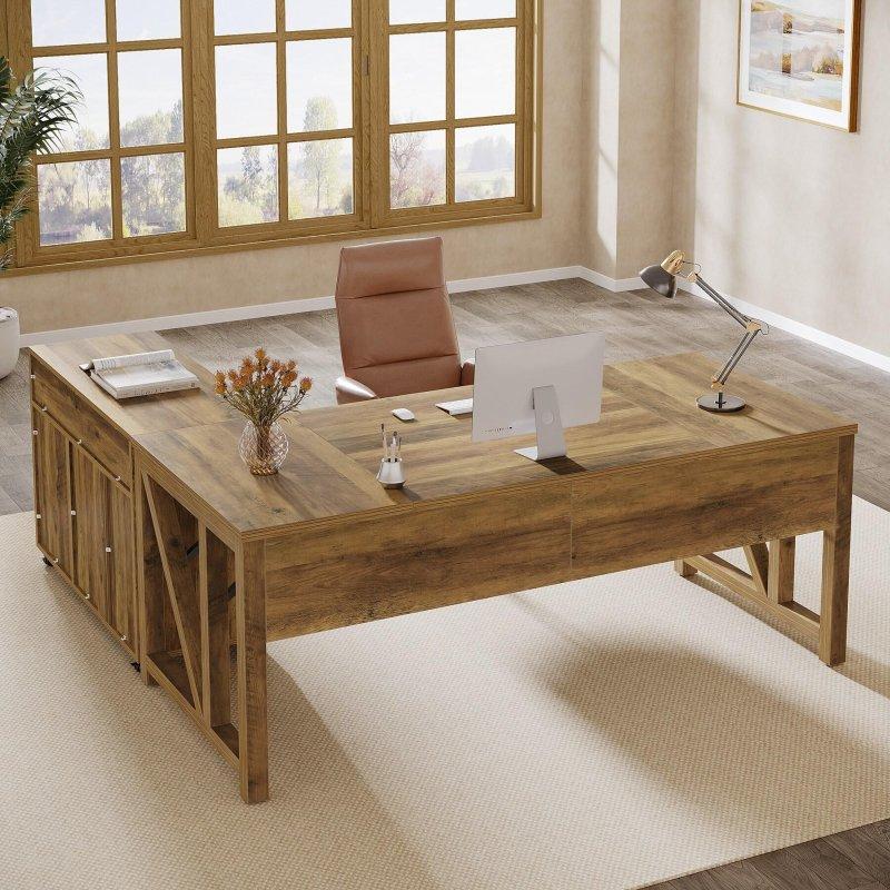 Kahverengi MDF L Tipi Dosya Dolaplı Metal Çerçeveli Ofis Masası - 161x179 cm - 325808
