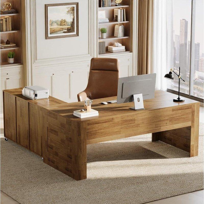 Kahverengi MDF L Tipi Tekerlekli Dosya Dolaplı ve Raflı Ofis Masası - 161 cm - 326396