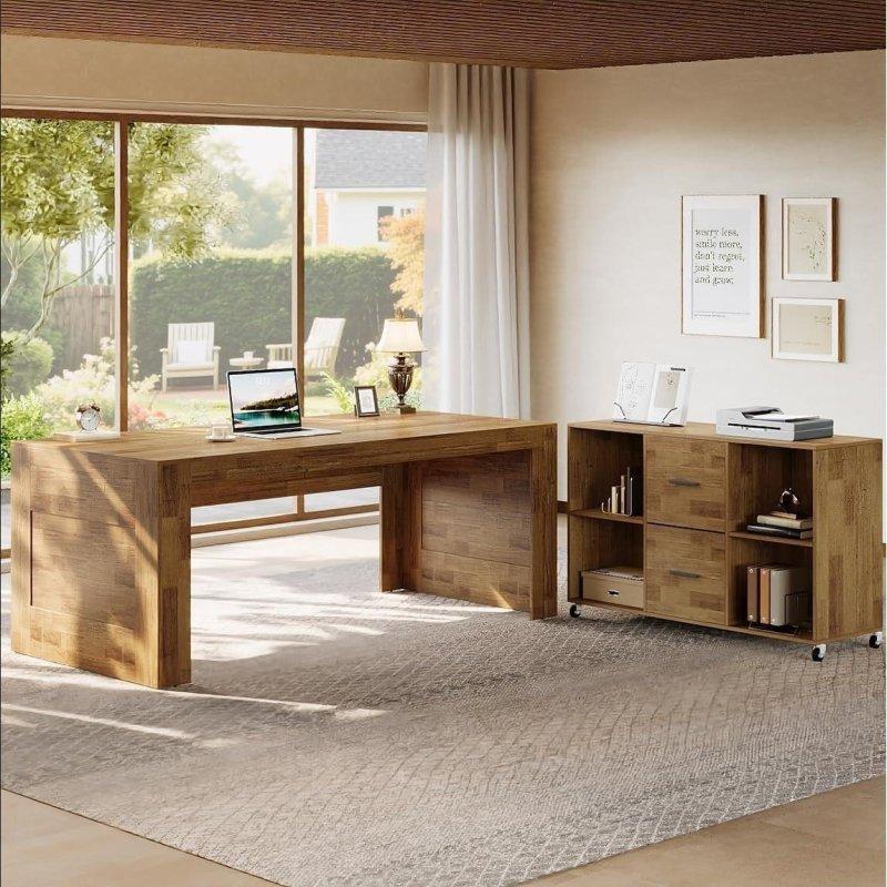 Kahverengi MDF L Tipi Tekerlekli Dosya Dolaplı ve Raflı Ofis Masası - 161 cm - 326396