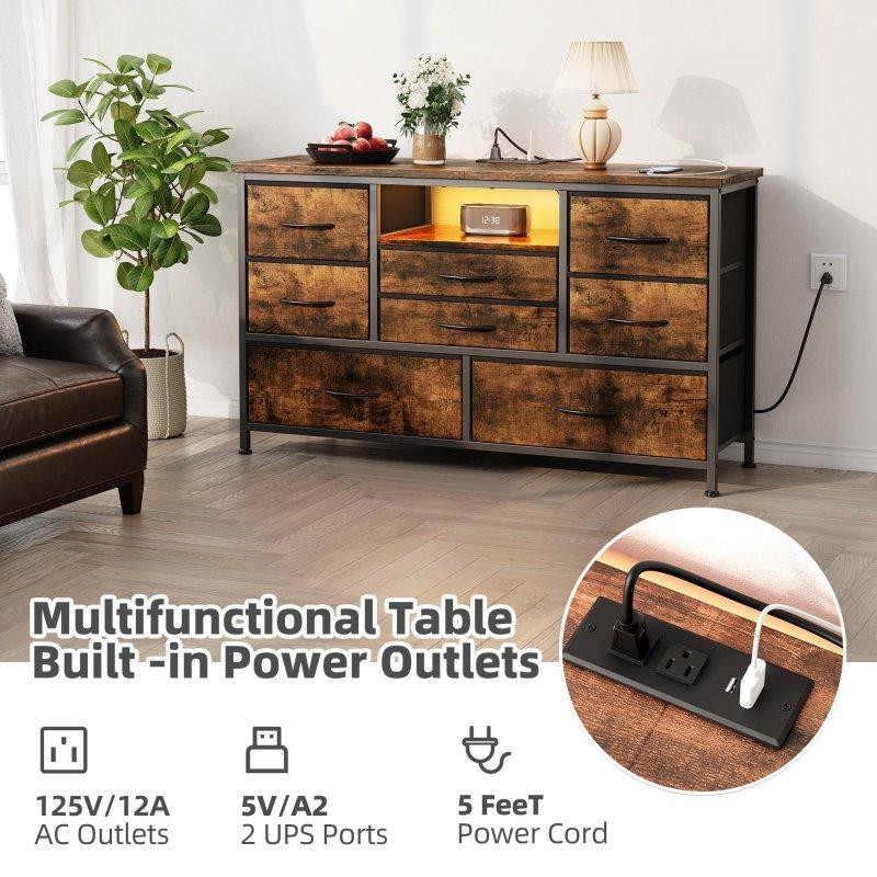 Kahverengi MDF LED Aydınlatmalı ve Prizli 8 Kumaş Çekmeceli Şifonyer TV Sehpası - 121 cm - 309012