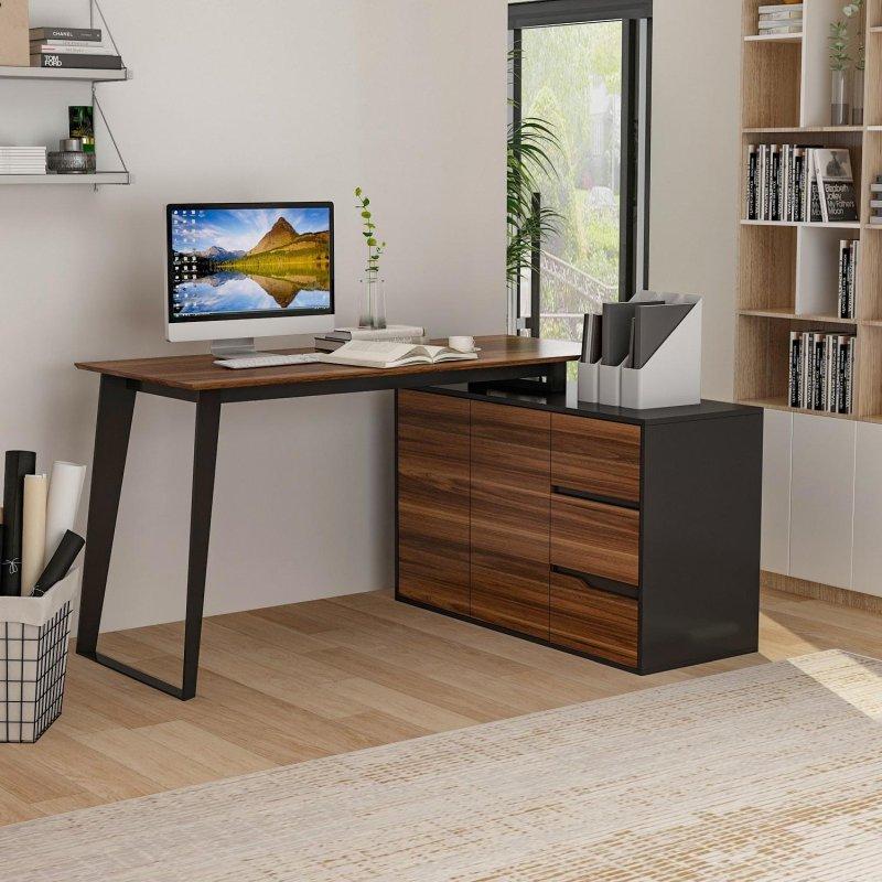 Kahverengi MDF Metal Ayaklı 3 Çekmeceli Dolaplı Yönü Değiştirilebilir L Tipi Ofis Masası - 138x104 cm - 326144