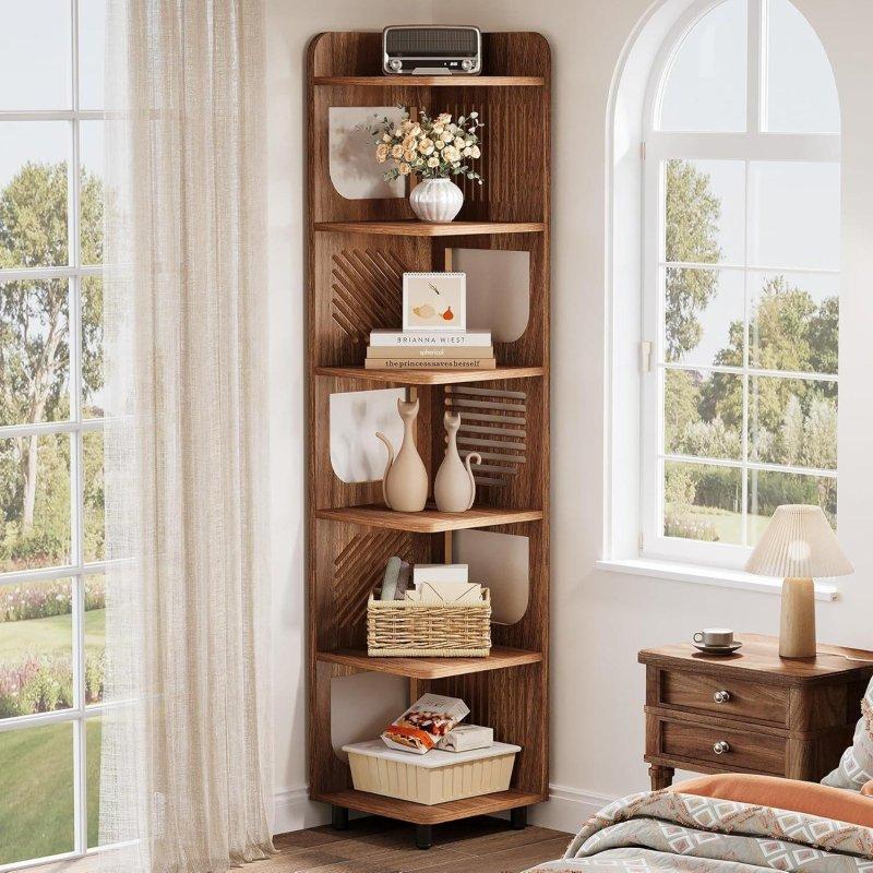 Kahverengi MDF Metal Ayaklı 6 Raflı Kır Evi Tasarım Köşe Kitaplık - 183 cm - 312999
