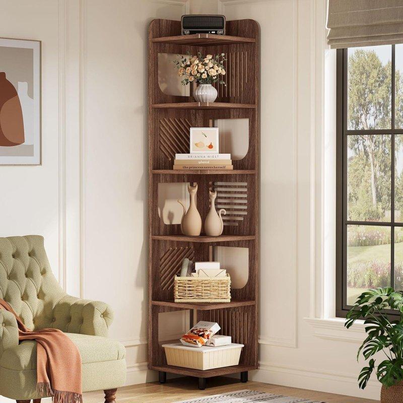 Kahverengi MDF Metal Ayaklı 6 Raflı Köşe Kitaplık - 183 cm - 313049