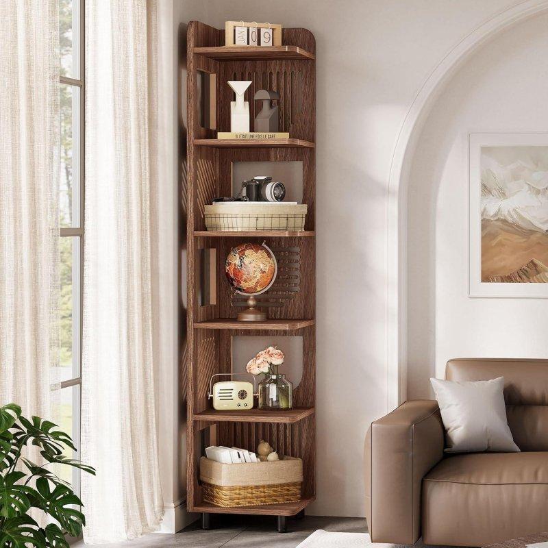 Kahverengi MDF Metal Ayaklı 6 Raflı Köşe Kitaplık - 183 cm - 313049