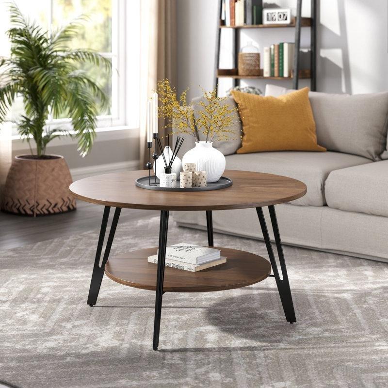 Kahverengi MDF Metal Ayaklı Raflı Yuvarlak Orta Sehpa - 78 cm - 244057