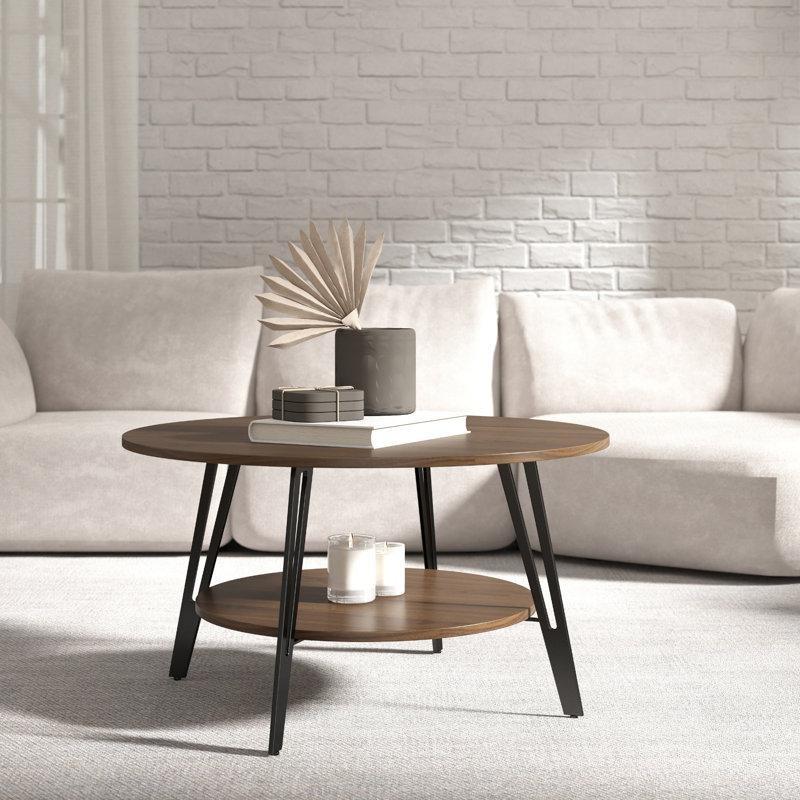 Kahverengi MDF Metal Ayaklı Raflı Yuvarlak Orta Sehpa - 78 cm - 244057