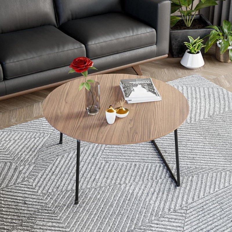 Kahverengi MDF Metal Ayaklı Yuvarlak Orta Sehpa - 80 cm - 241216