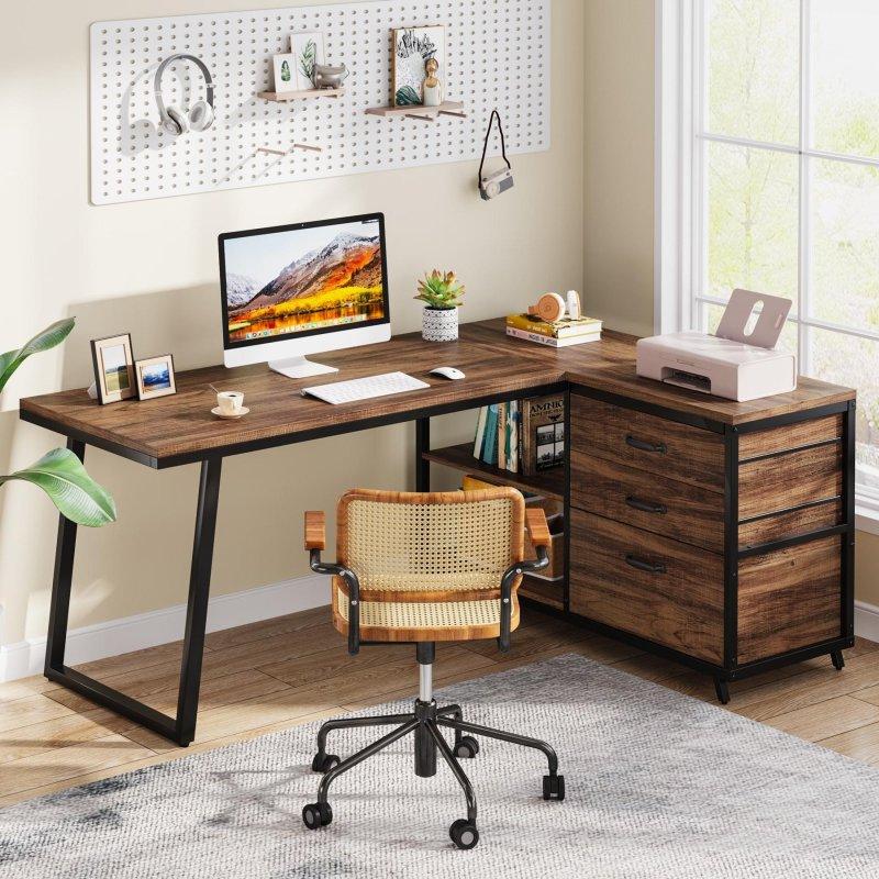 Kahverengi MDF Metal L Tipi Çekmeceli Raflı Ofis Masası - 327925