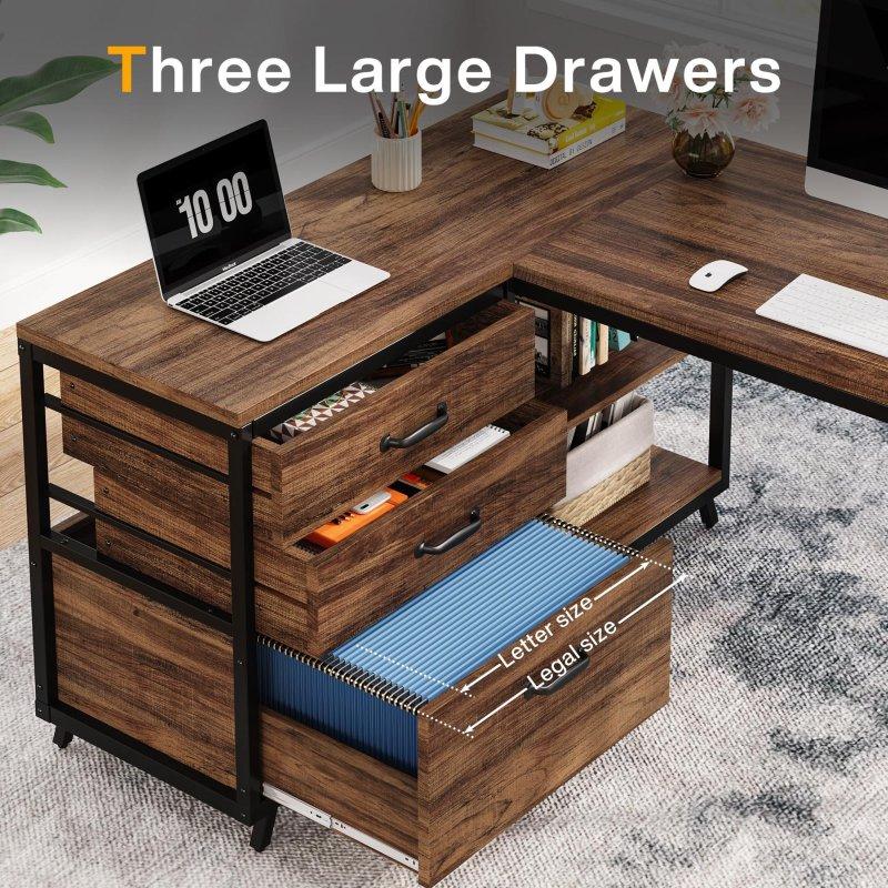 Kahverengi MDF Metal L Tipi Çekmeceli Raflı Ofis Masası - 327925