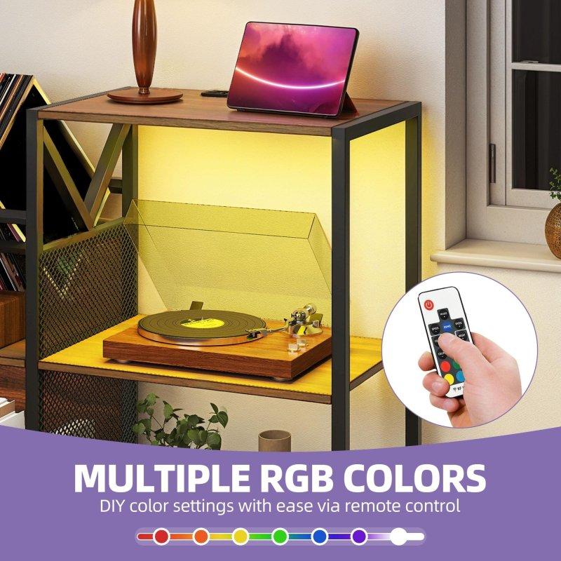 Kahverengi MDF Metal LED Işıklı USB Girişli Prizli 3 Raflı Plak Standı Kitaplık - 86x81x36 cm - 313101