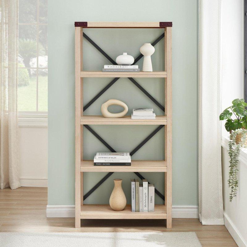 Kahverengi MDF Metal X Detaylı Açık Sırtlı Kitaplık - 163 cm - 312630
