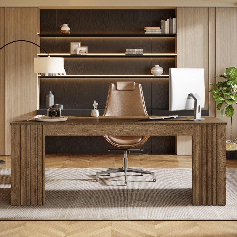 Kahverengi MDF Modern Yivli Ayaklı Ofis Masası - 160 cm - 326430