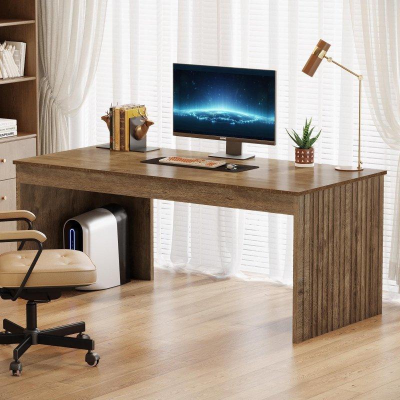 Kahverengi MDF Modern Yivli Ayaklı Ofis Masası - 160 cm - 326430