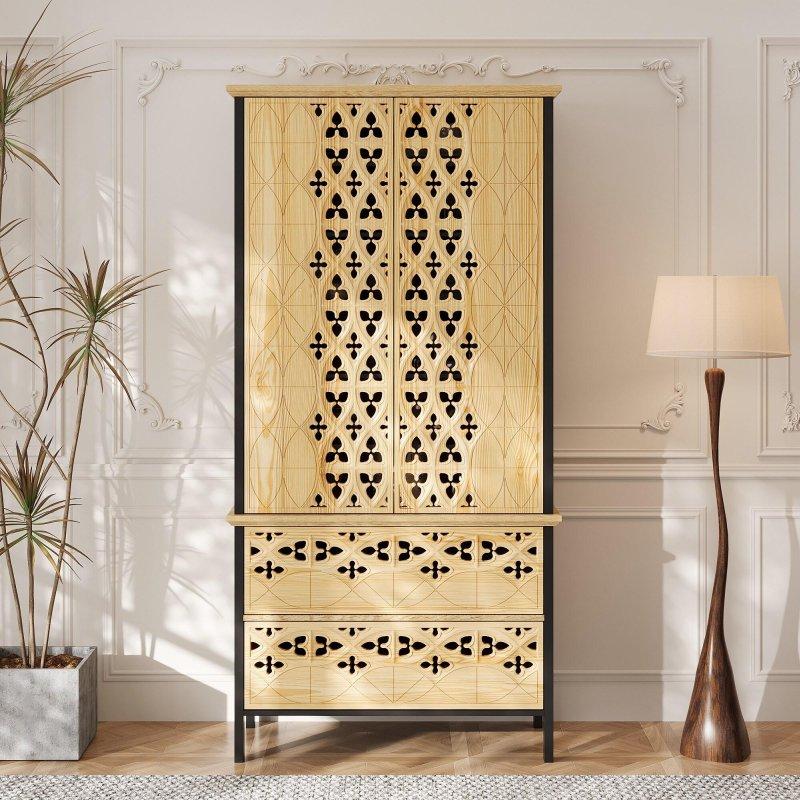 Kahverengi MDF Oymalı Kapaklı ve Çekmeceli Metal Kitaplık - 85x181 cm - 319526