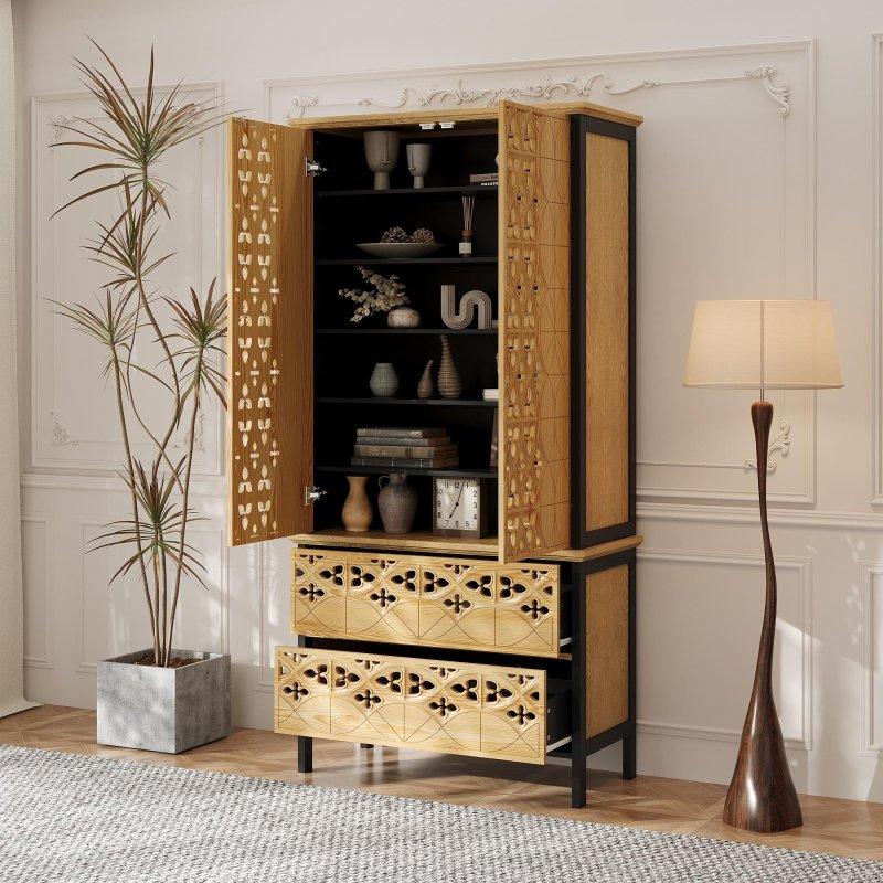 Kahverengi MDF Oymalı Kapaklı ve Çekmeceli Metal Kitaplık - 85x181 cm - 319526