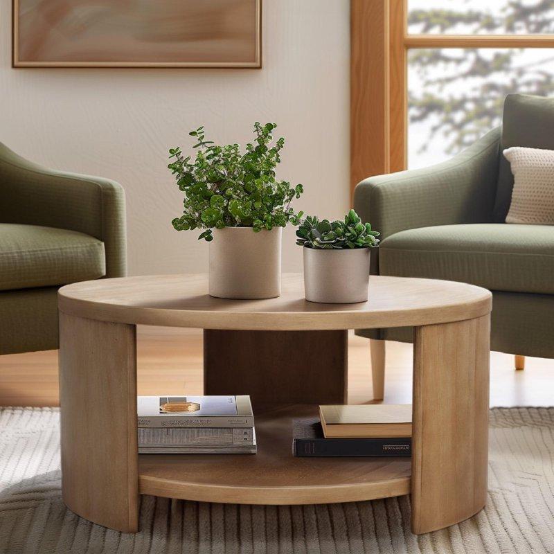 Kahverengi MDF Raflı Modern Yuvarlak Orta Sehpa - 92 cm - 239784