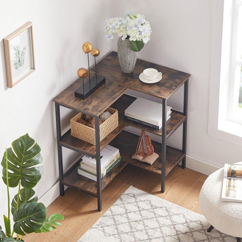 Kahverengi MDF Raflı Siyah Metal 3 Katlı L Şekilli Endüstriyel Köşe Kitaplık - 70x60x75 cm - 320528