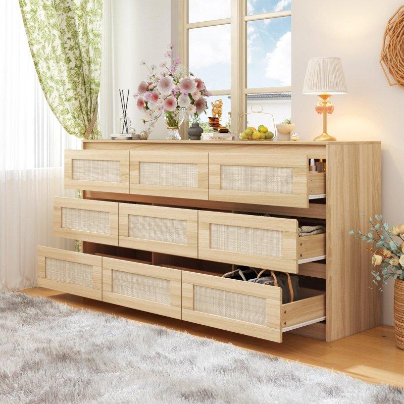 Kahverengi MDF Rattan Dokulu 8 Çekmeceli Şifonyer - 160x82x40 cm - 301231