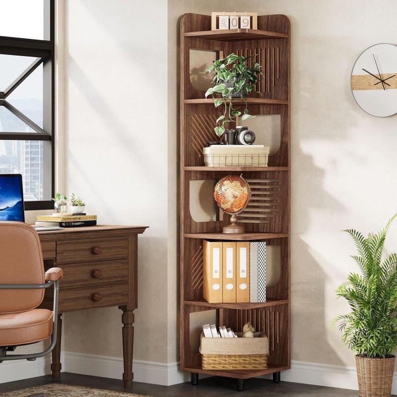 Kahverengi MDF Rustik 6 Raflı Metal Ayaklı Köşe Kitaplık - 183 cm - 312158