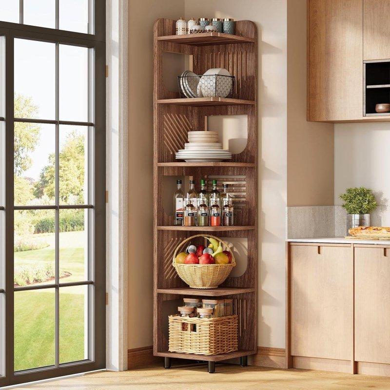 Kahverengi MDF Rustik 6 Raflı Metal Ayaklı Köşe Kitaplık - 183 cm - 312158