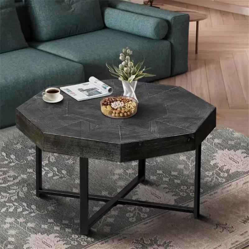 Kahverengi MDF Sekizgen Tasarımlı Metal Ayaklı Yuvarlak Orta Sehpa - 74x45 cm - 242568