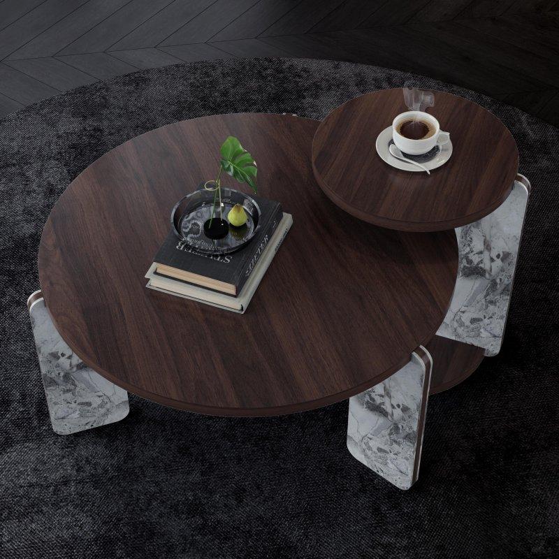 Kahverengi MDF Sinterlenmiş Taş Ayaklı İkili Set Yuvarlak Orta Sehpa - 83 cm - 241805